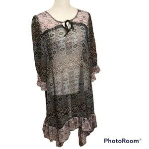 Sun & Shadow sz S black & blue print ruffled hem & sleeves swimsuit coverup GUC